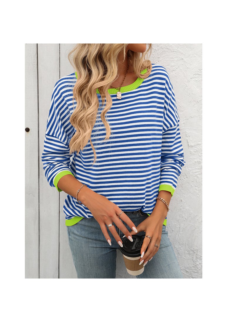 2024 Autumn Winter Striped Colorblock Womens Sweater Blue