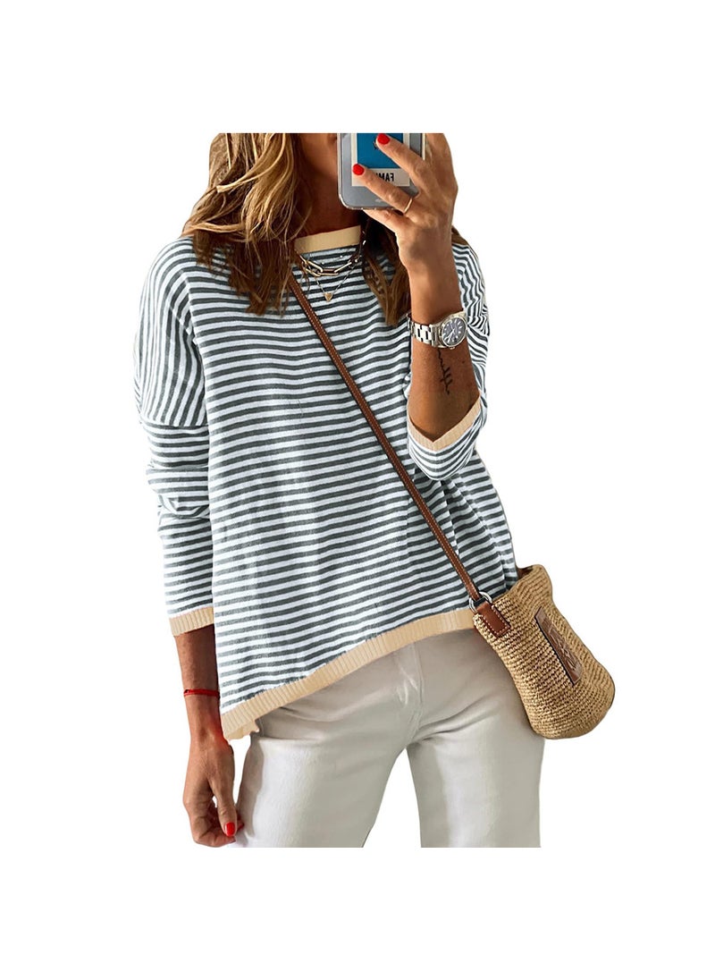 2024 Autumn Winter Striped Colorblock Womens Sweater Light gray