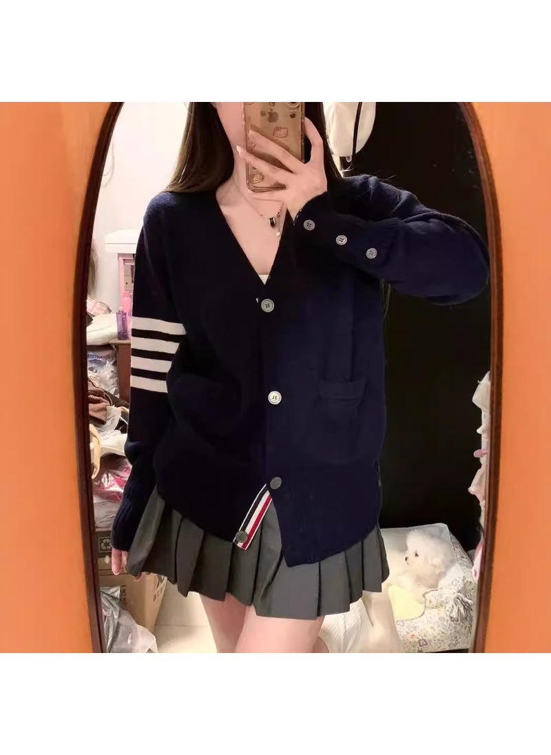 Korean V-Neck Knit Cardigan Autumn Fashion Navy blue