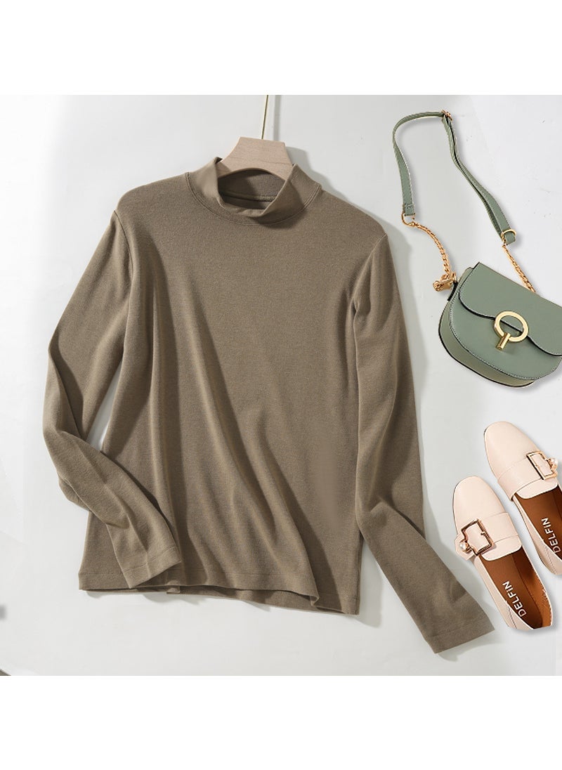 2024 New Arrival Half-turtleneck Top Womens Spring and Autumn Slim-fit Solid Color Slimming Base Shirt High Elastic Thread Long Sleeve Inner Shirt Olive green