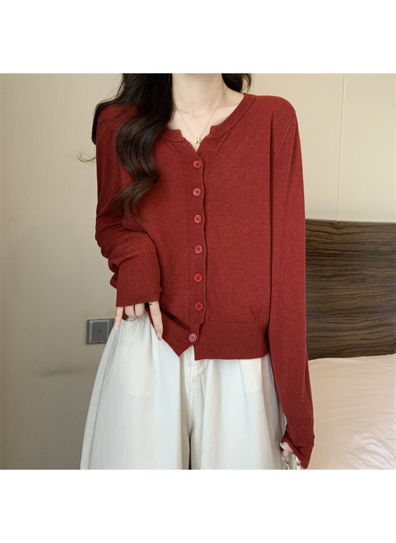 Autumn Winter Slim-Fit Knit Cardigan Maroon