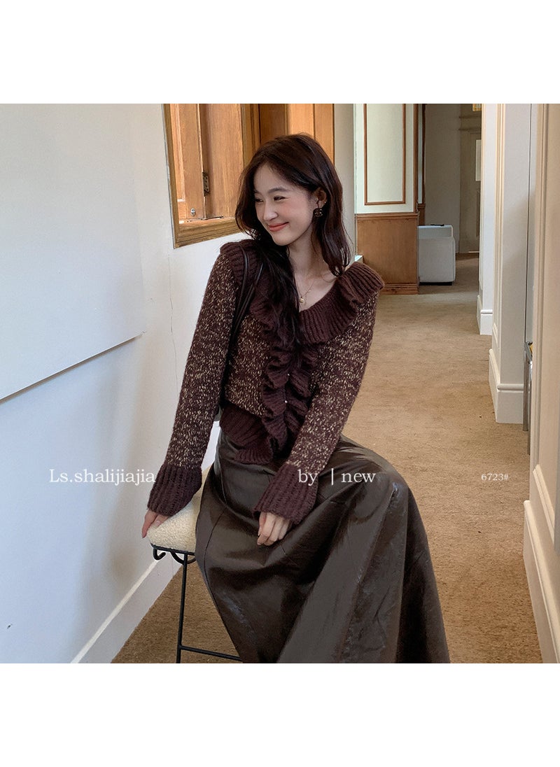 LS Elegant Ruffle Knit Sweater Light coffee