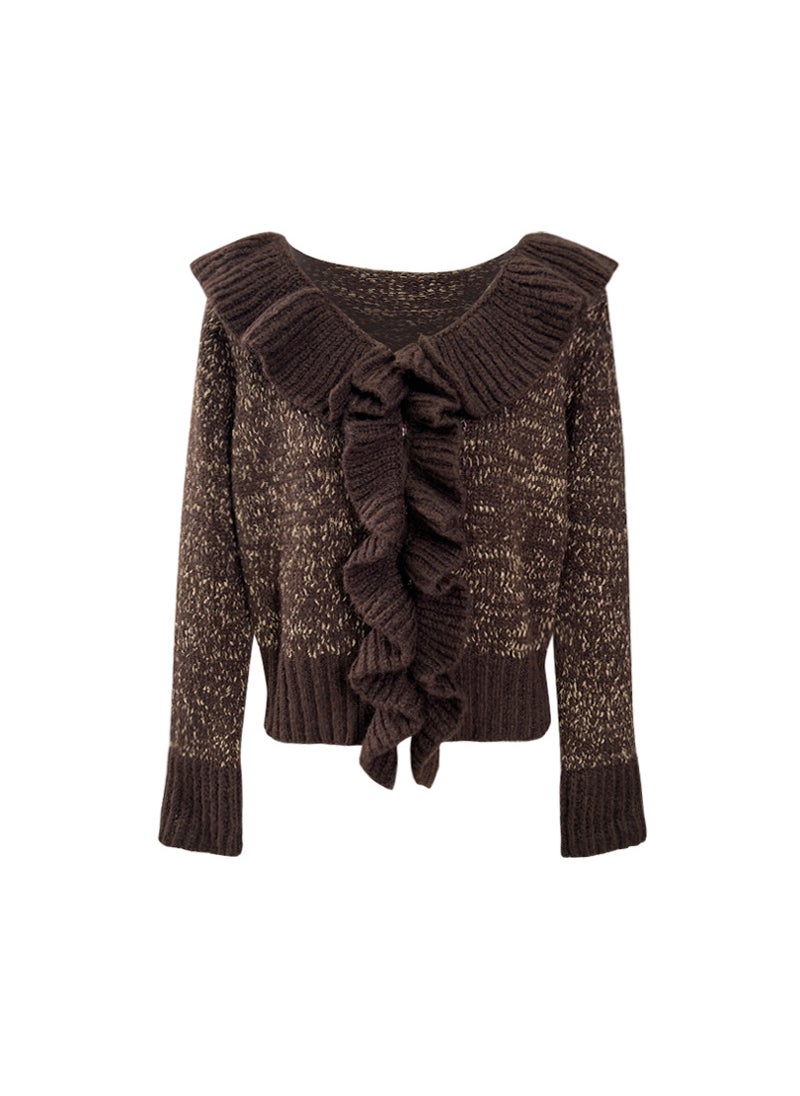 LS Elegant Ruffle Knit Sweater Light coffee