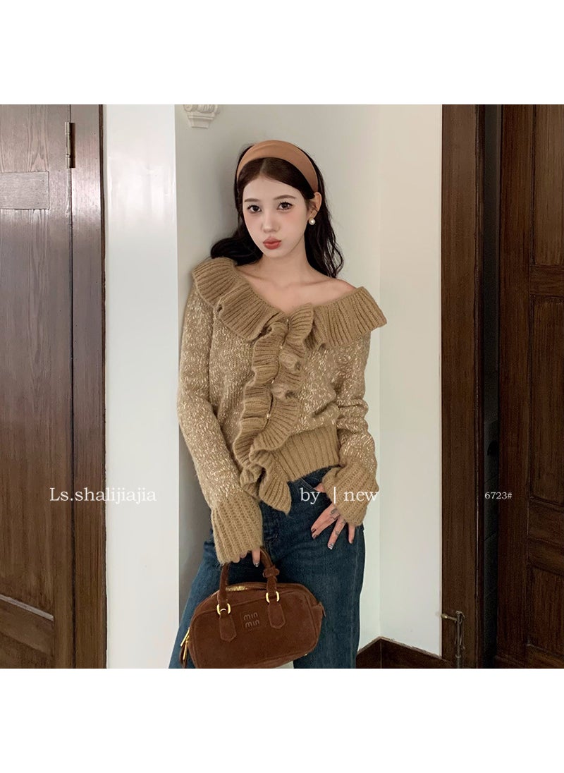 LS Elegant Ruffle Knit Sweater Light coffee