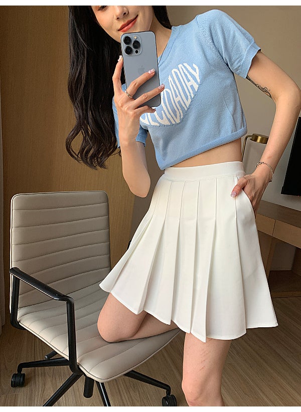 elastic waist skirt womens summer pocket pleated skirt autumn and winter 2024 new high waist slimming short skirt White