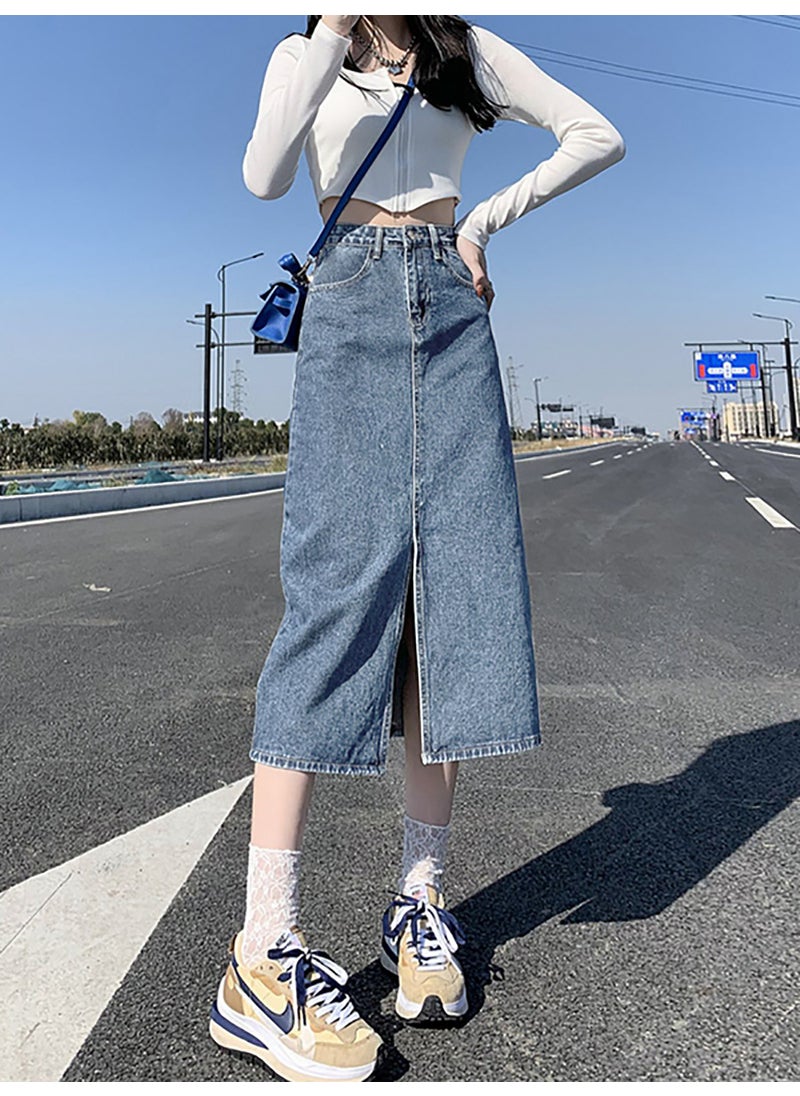 High Waist Slit Denim Skirt 2024 Summer A-Line vintage light blue