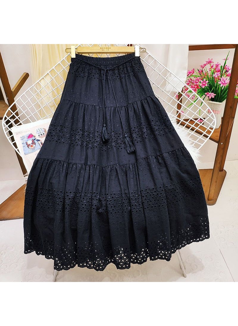 Korean Lace Midi Skirt Spring 2024 High Waist A-Line Black