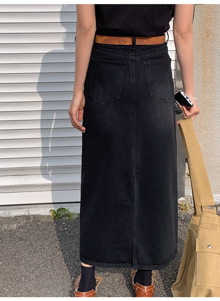 Korean Fashion Versatile White-Washed Slit Maxi Skirt Black