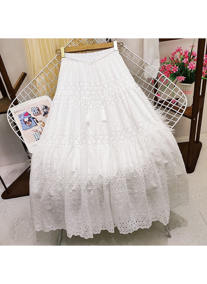 Korean Lace Midi Skirt Spring 2024 High Waist A-Line White