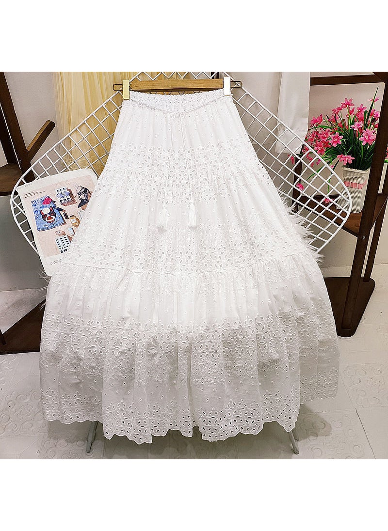 Korean Lace Midi Skirt Spring 2024 High Waist A-Line White