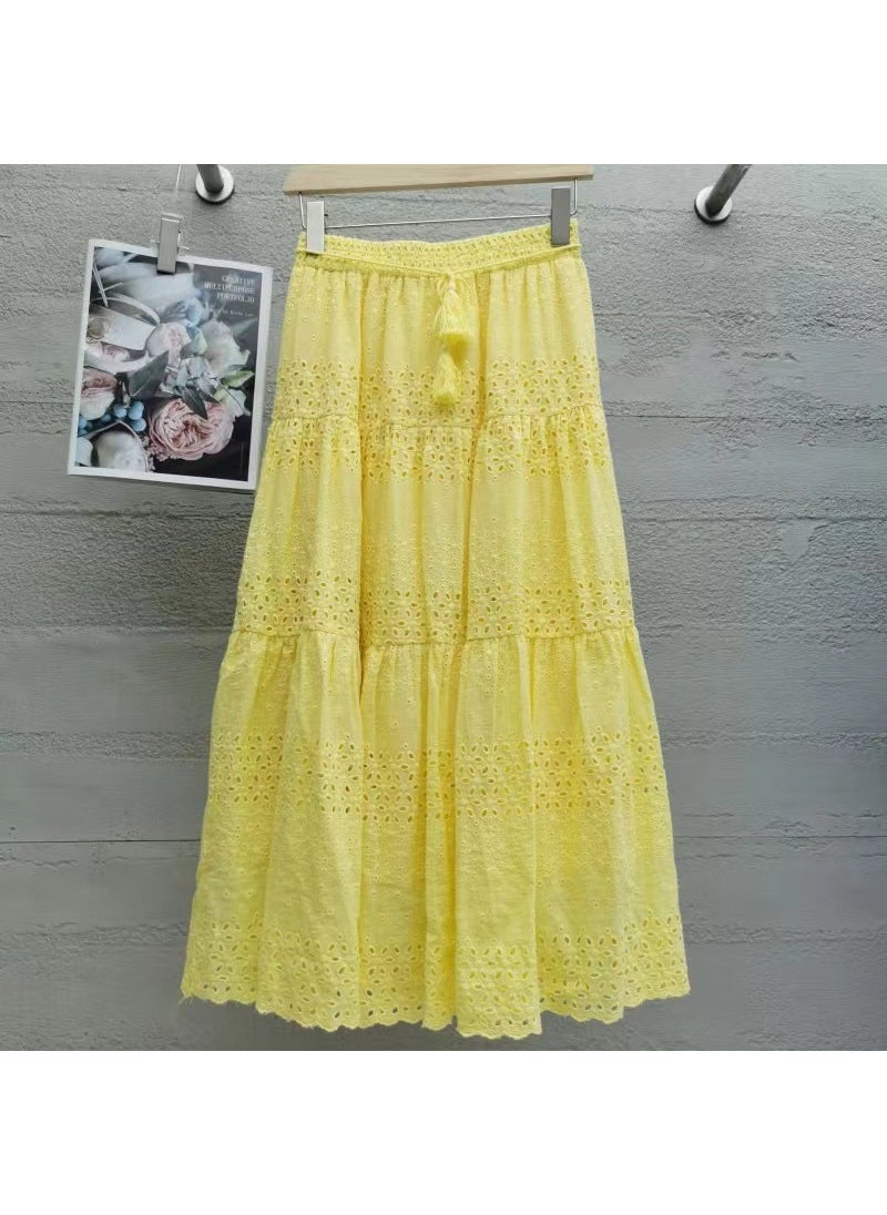 Korean Lace Midi Skirt Spring 2024 High Waist A-Line Yellow