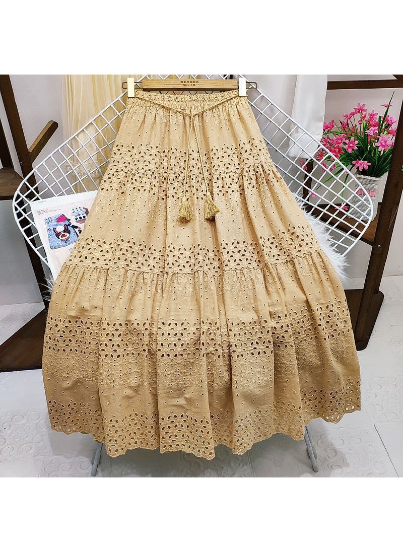 Korean Lace Midi Skirt Spring 2024 High Waist A-Line Khakis