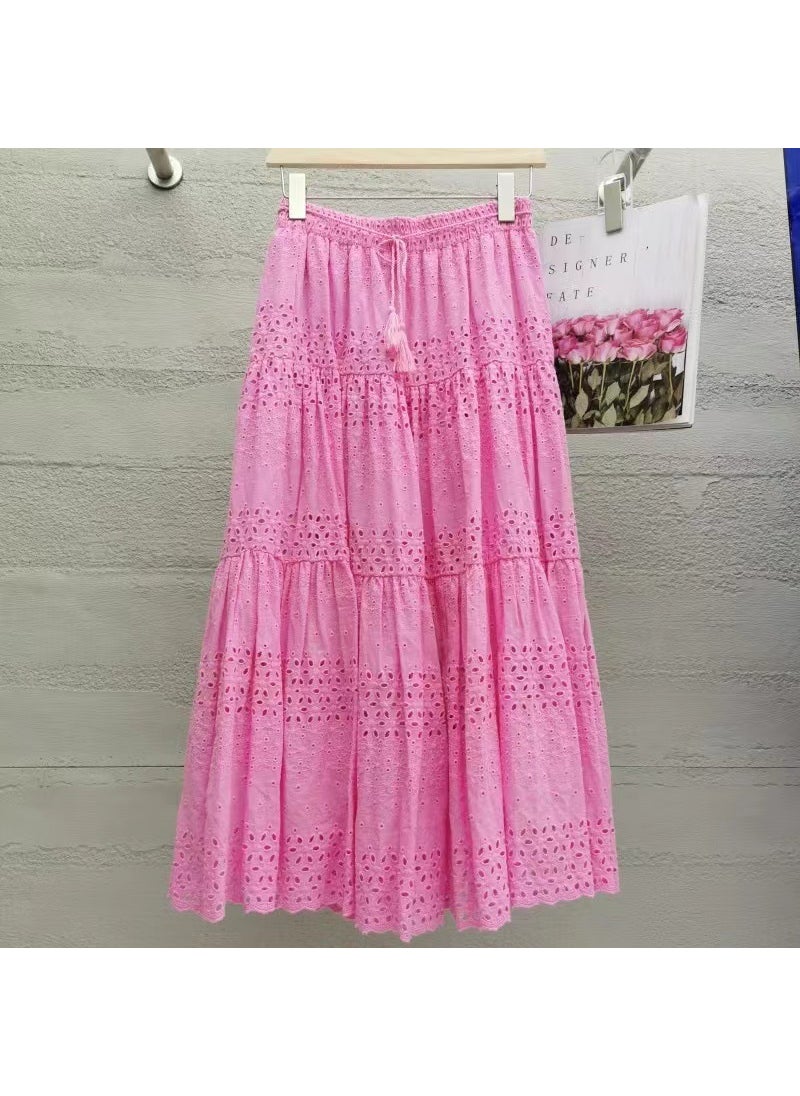 Korean Lace Midi Skirt Spring 2024 High Waist A-Line Pink