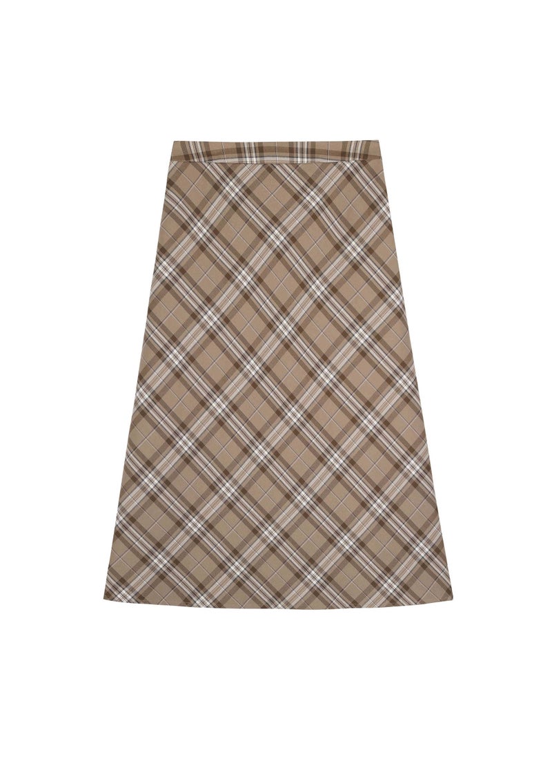 Retro Colorblock Plaid A-Line Midi Skirt Khaki grid