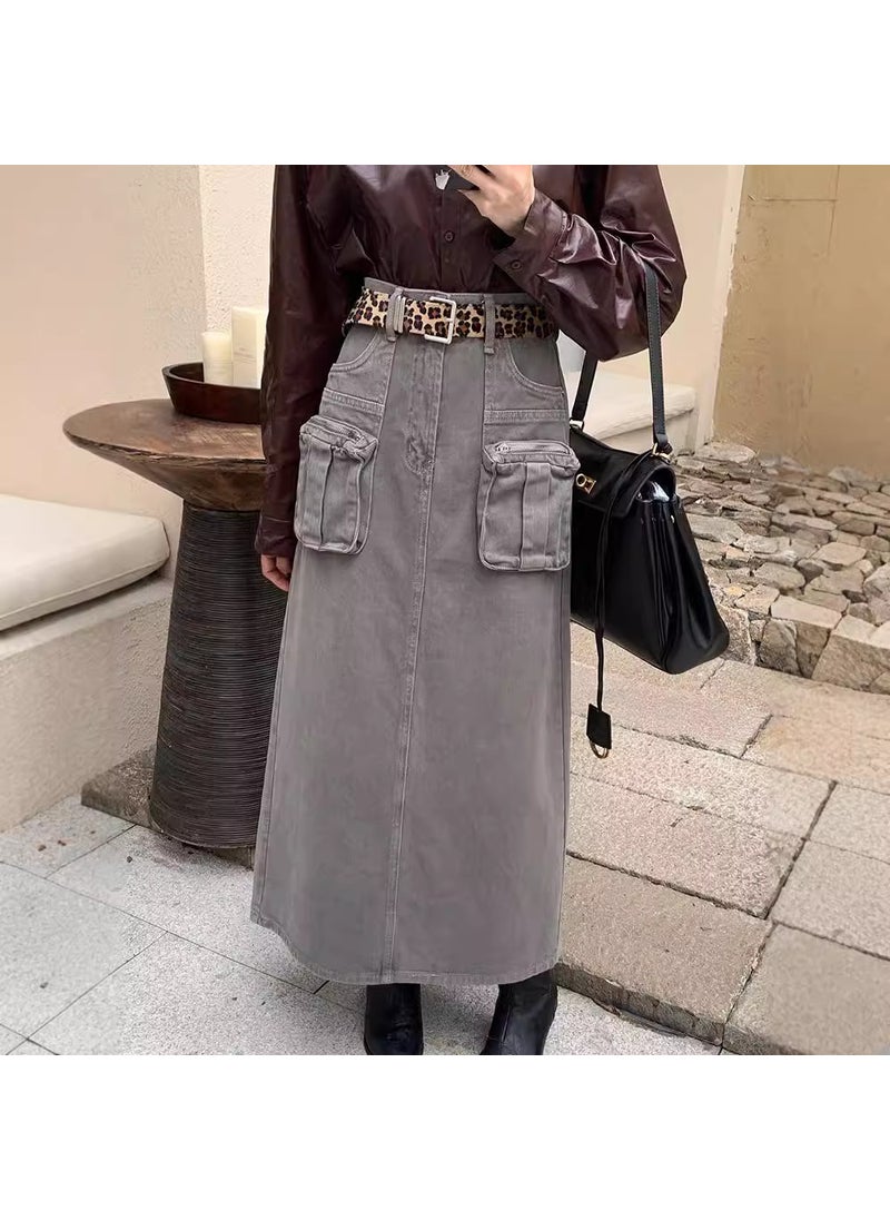 Autumn Casual Denim Skirt Pockets High Waist Slim A-line Gray