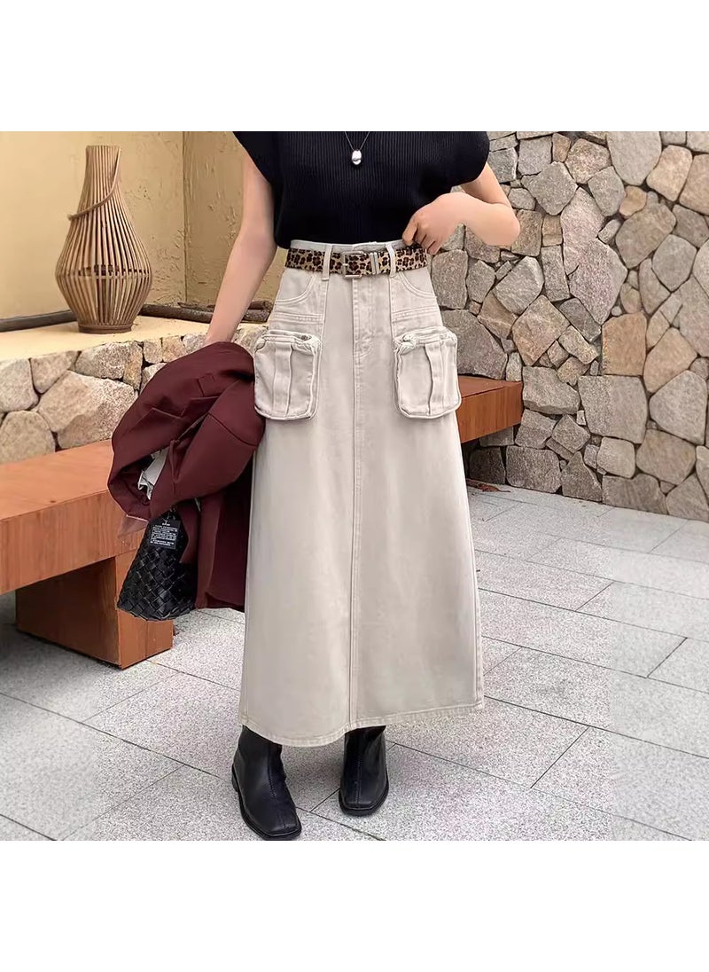 Autumn Casual Denim Skirt Pockets High Waist Slim A-line Apricot