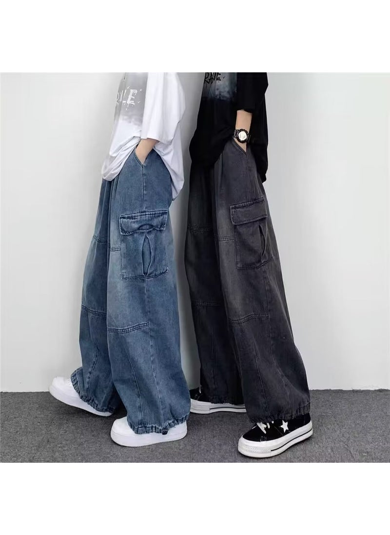 Japanese Style Retro Wide Leg Large Pocket Overalls Mens Spring and Summer New Fashionable Brand Ins Neutral Loose Straight Jeans Black Gray