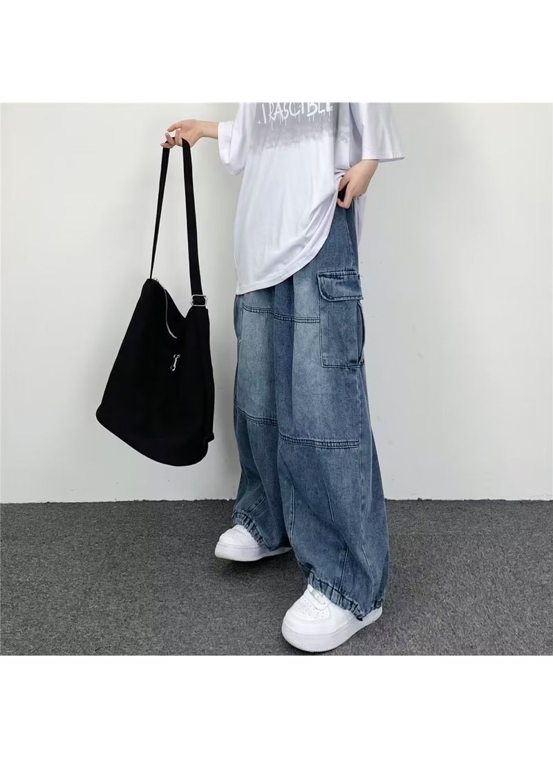 Japanese Style Retro Wide Leg Large Pocket Overalls Mens Spring and Summer New Fashionable Brand Ins Neutral Loose Straight Jeans Black Gray