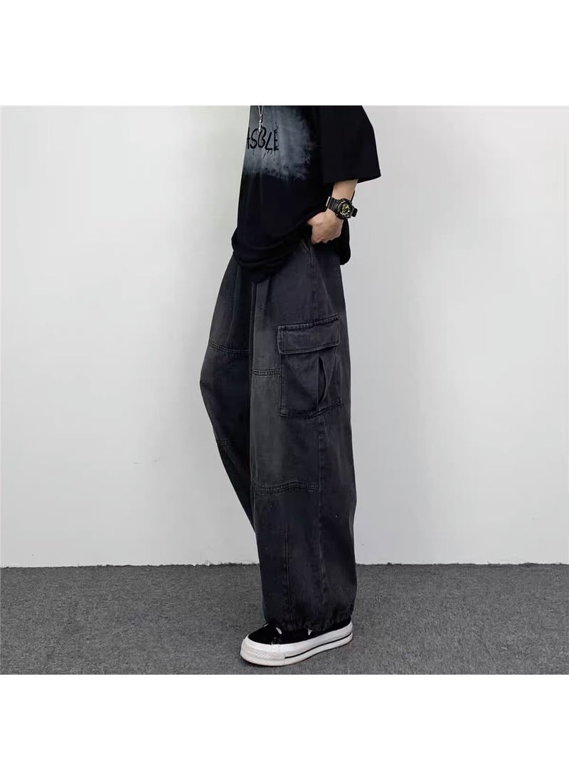 Japanese Style Retro Wide Leg Large Pocket Overalls Mens Spring and Summer New Fashionable Brand Ins Neutral Loose Straight Jeans Black Gray