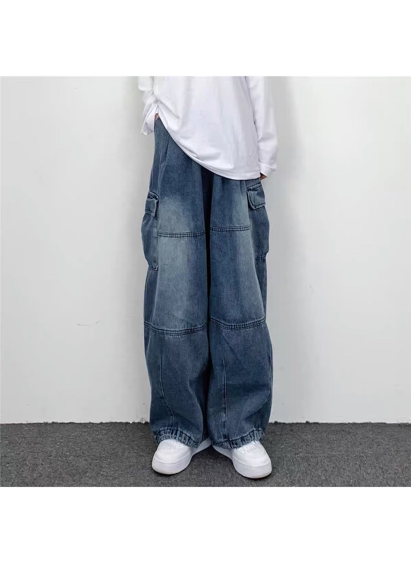 Japanese Style Retro Wide Leg Large Pocket Overalls Mens Spring and Summer New Fashionable Brand Ins Neutral Loose Straight Jeans Black Gray