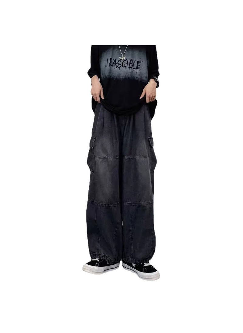 Japanese Style Retro Wide Leg Large Pocket Overalls Mens Spring and Summer New Fashionable Brand Ins Neutral Loose Straight Jeans Black Gray