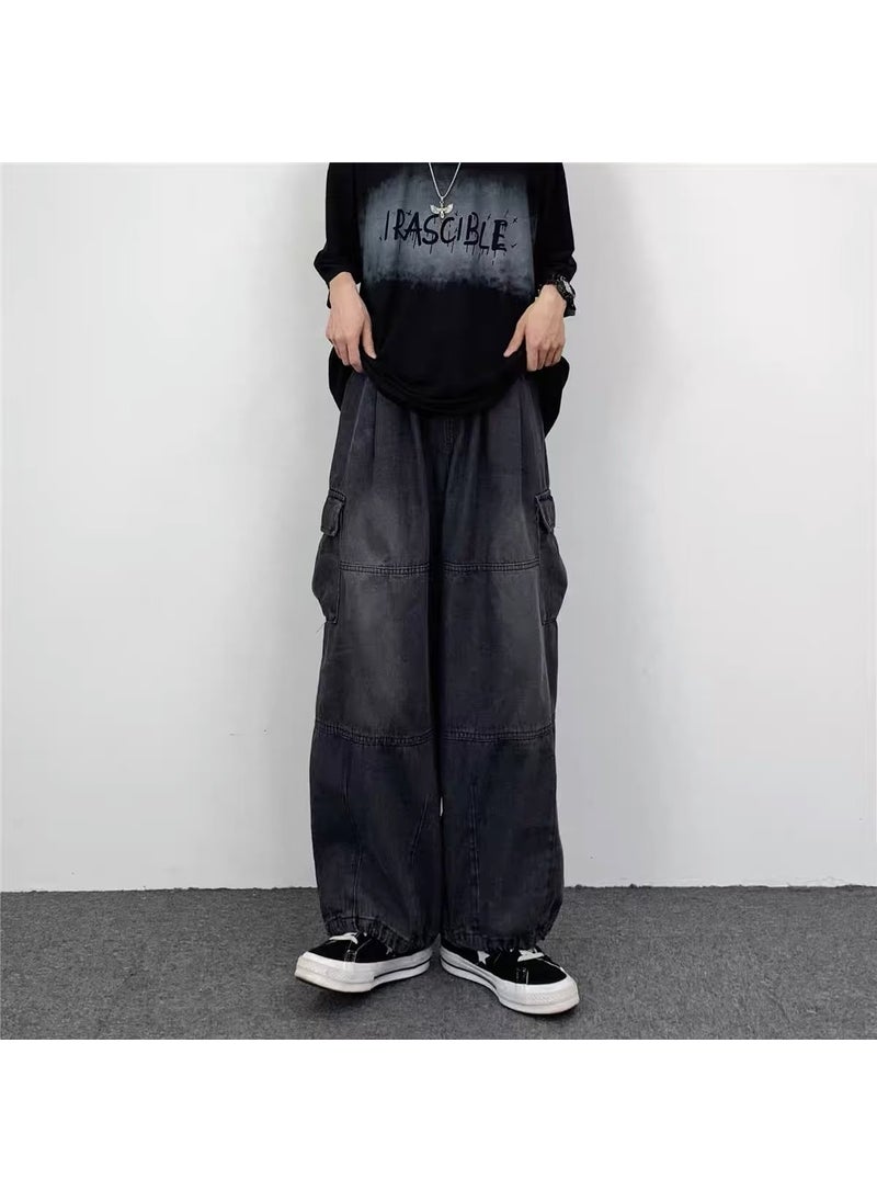 Japanese Style Retro Wide Leg Large Pocket Overalls Mens Spring and Summer New Fashionable Brand Ins Neutral Loose Straight Jeans Black Gray