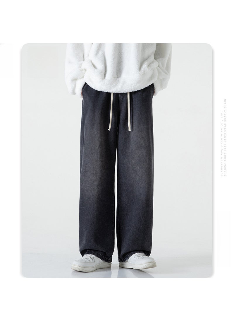 Mens High-Street White-Washed Wide-Leg Jeans soot