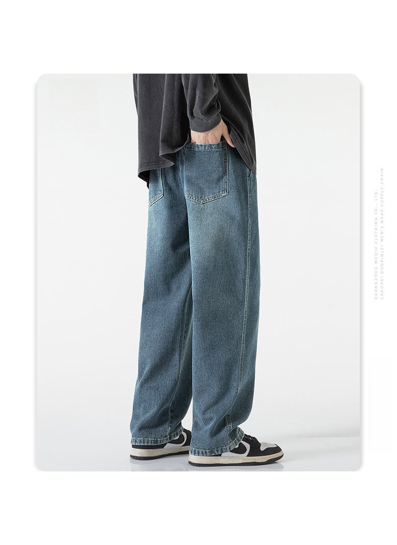 Mens High-Street White-Washed Wide-Leg Jeans Vintage Blue