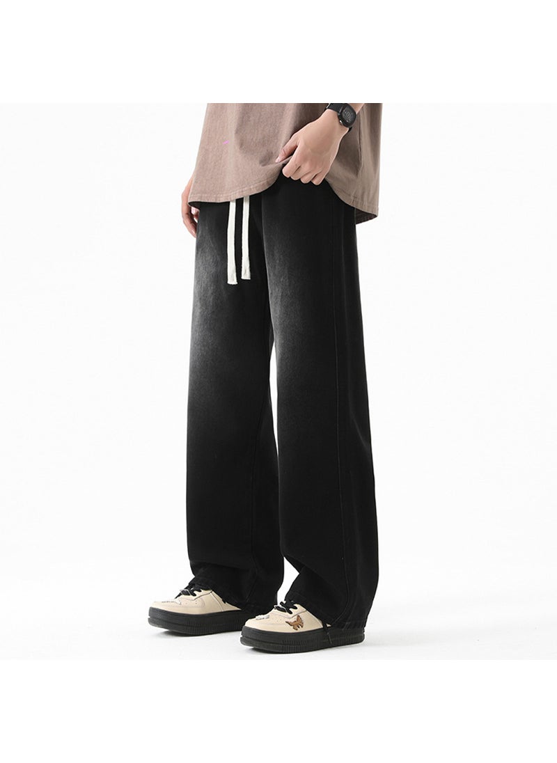 Mens High-Street White-Washed Wide-Leg Jeans Black Gray