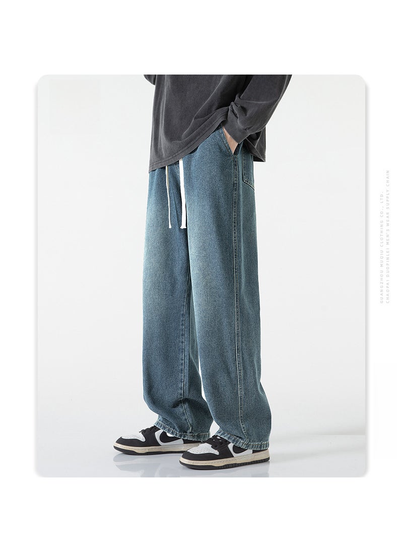 Mens High-Street White-Washed Wide-Leg Jeans Black Gray