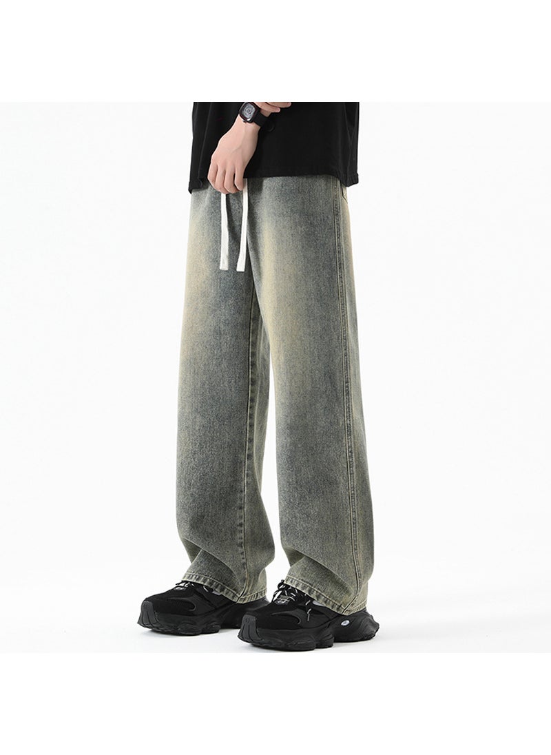 Mens High-Street White-Washed Wide-Leg Jeans deep yellow mud