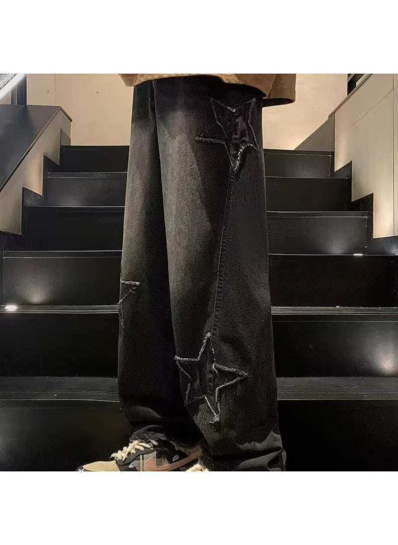 Jeans Mens Autumn and Winter American Style Retro Fashion Brand High Street Washed Loose Design Sense Straight Leg Wide Leg Long Pants Black 1042