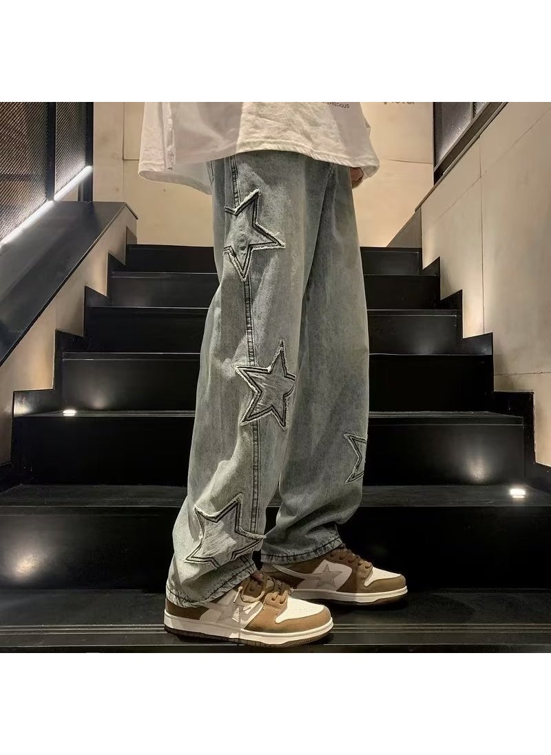 Jeans Mens Autumn and Winter American Style Retro Fashion Brand High Street Washed Loose Design Sense Straight Leg Wide Leg Long Pants Blue 1042