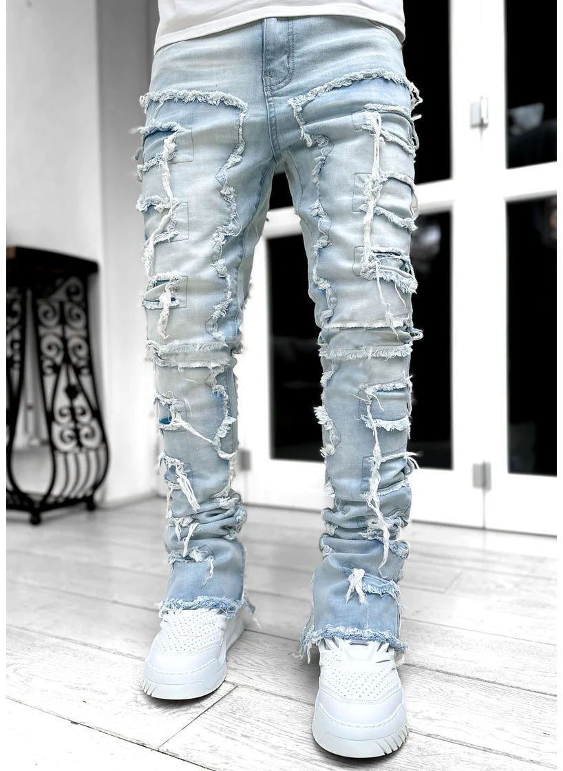 Cross-border new mens denim straight pants European and American street fashion ins explosion stretch patch denim straight pants Blue