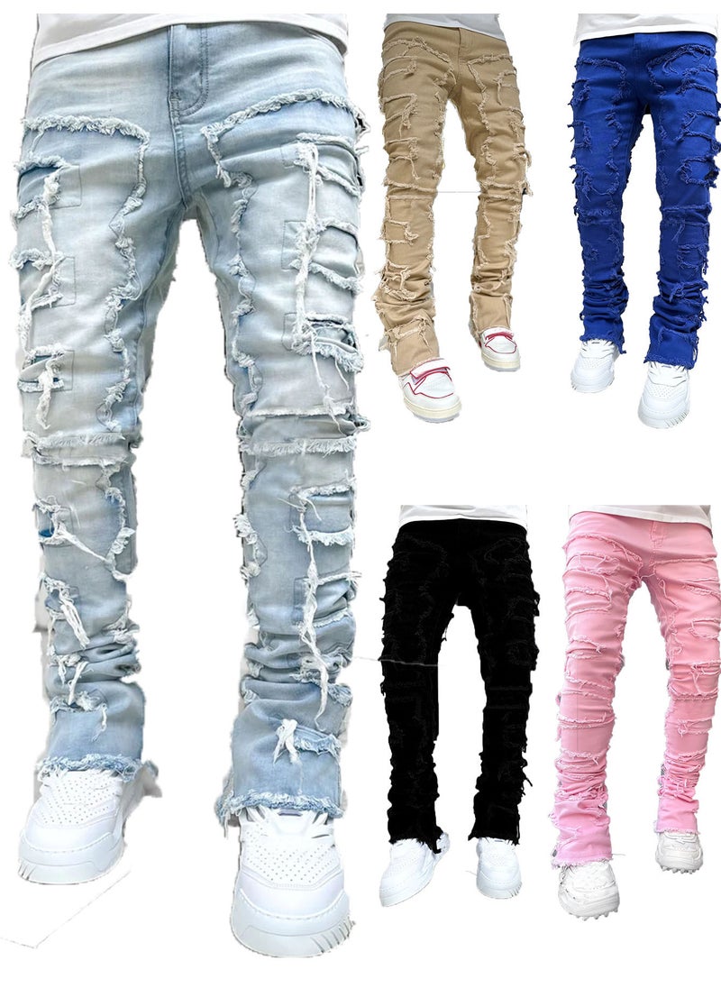 Cross-border new mens denim straight pants European and American street fashion ins explosion stretch patch denim straight pants Blue