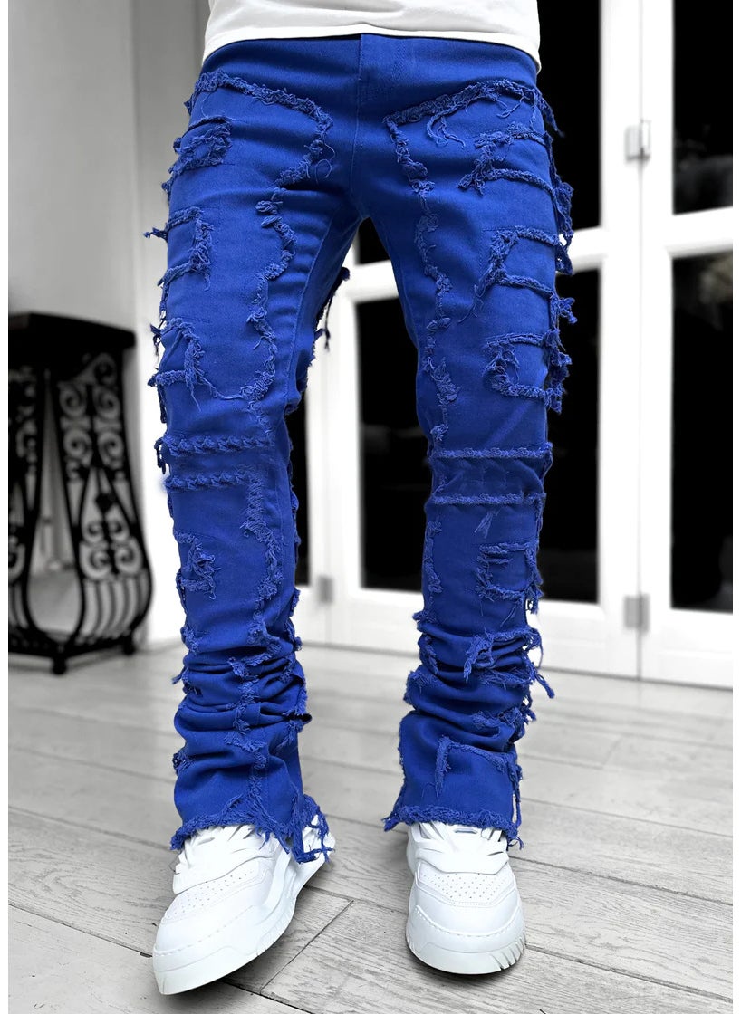 Cross-border new mens denim straight pants European and American street fashion ins explosion stretch patch denim straight pants Blue