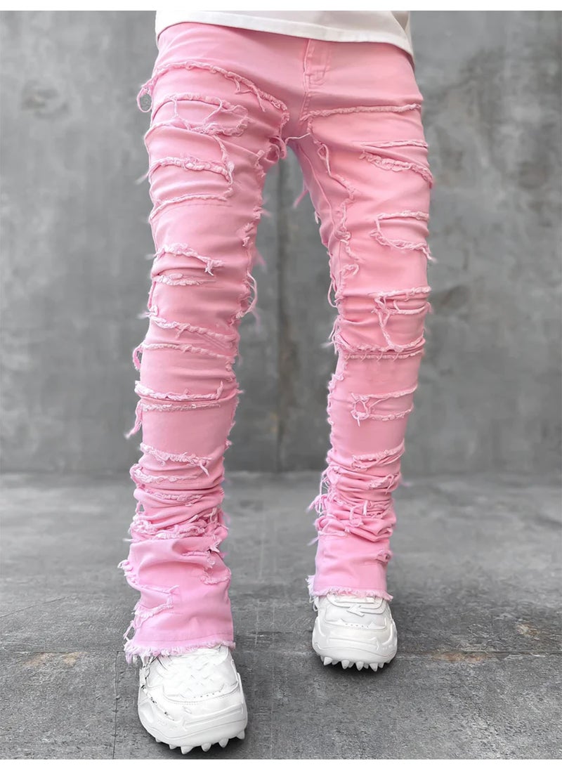 Cross-border new mens denim straight pants European and American street fashion ins explosion stretch patch denim straight pants Pink