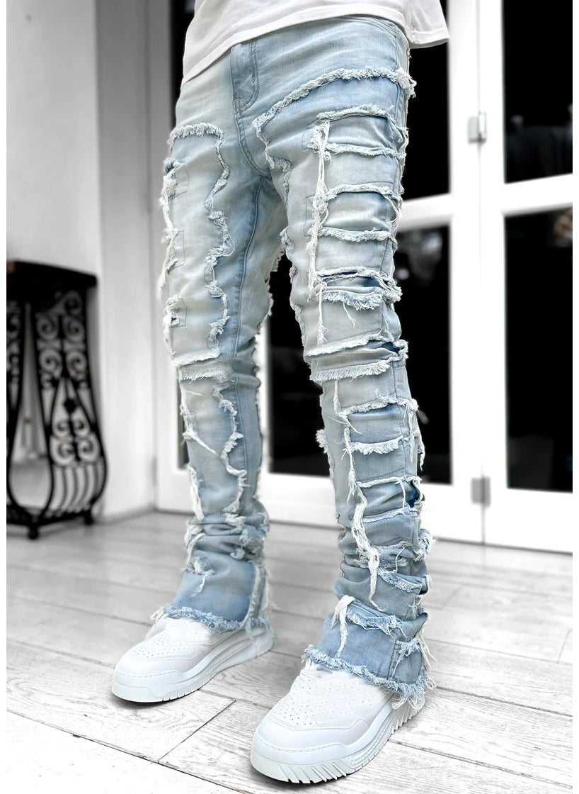 Cross-border new mens denim straight pants European and American street fashion ins explosion stretch patch denim straight pants Pink