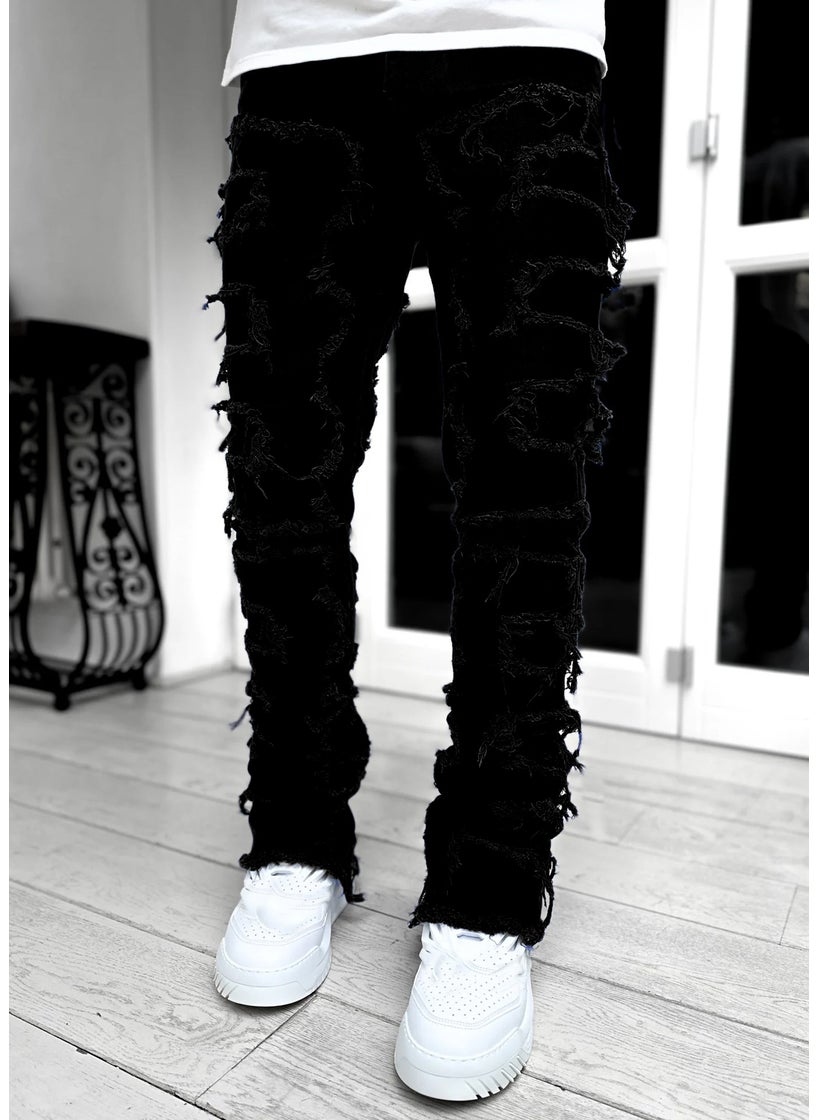 Cross-border new mens denim straight pants European and American street fashion ins explosion stretch patch denim straight pants Black