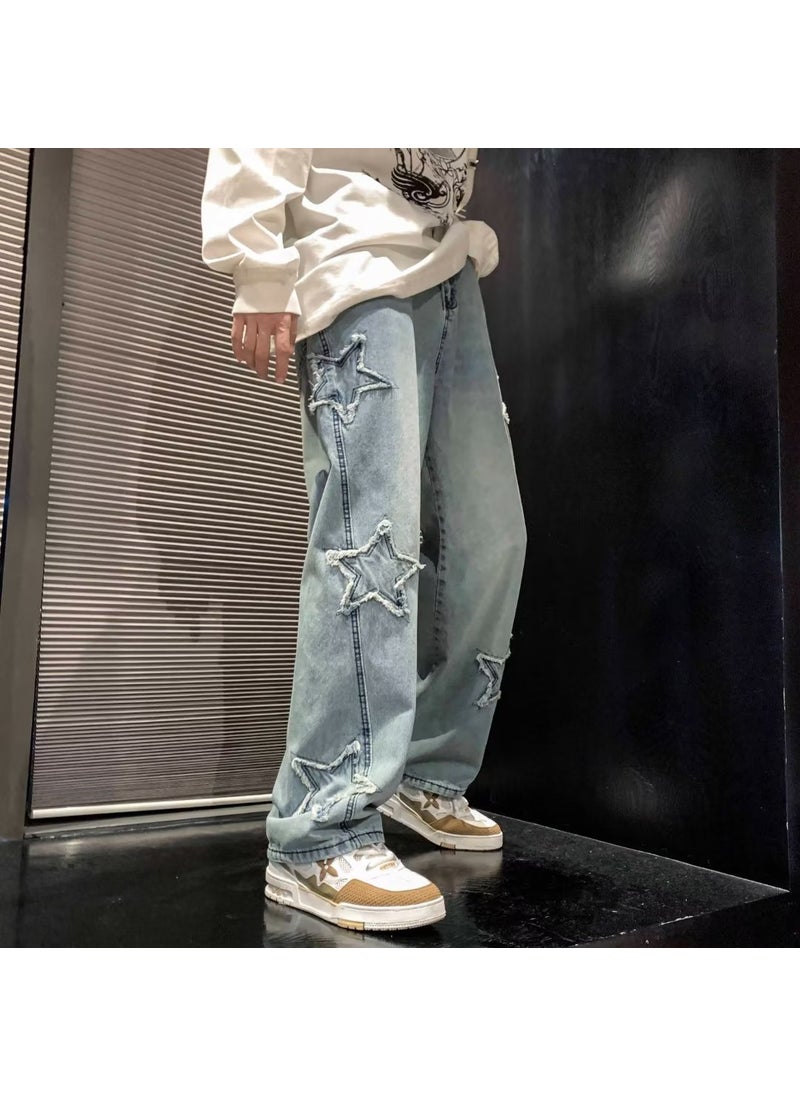 American jeans mens fashion brand spring and autumn design star wide-leg pants slim loose high street autumn straight pants Blue 1042