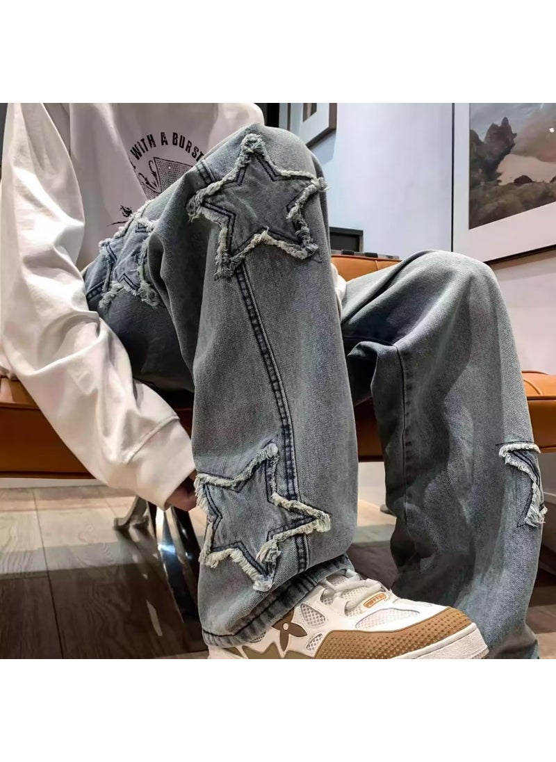 American jeans mens fashion brand spring and autumn design star wide-leg pants slim loose high street autumn straight pants Blue 1042