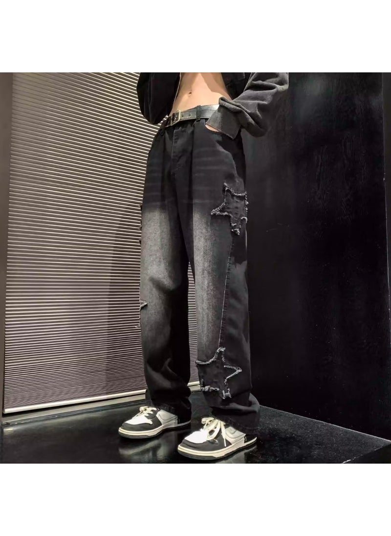 American jeans mens fashion brand spring and autumn design star wide-leg pants slim loose high street autumn straight pants Blue 1042