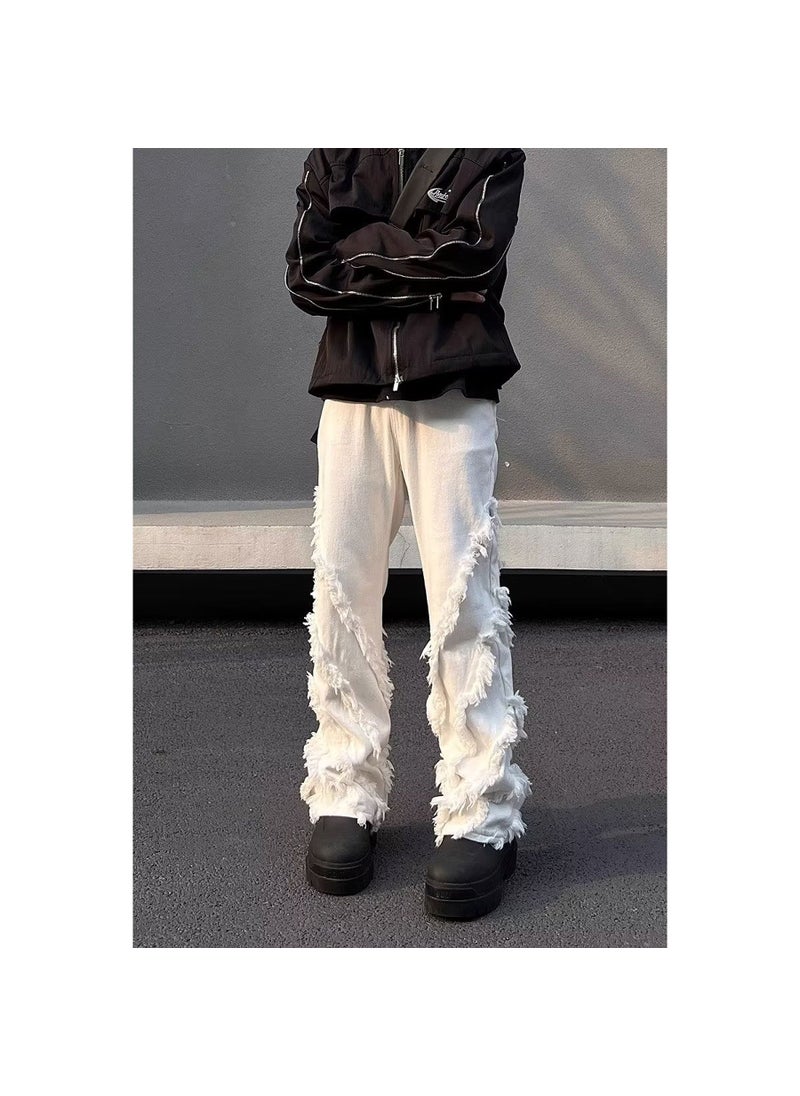 American style high street vibe structure design rough edge jeans mens hiphop straight tube high-grade retro long pants White