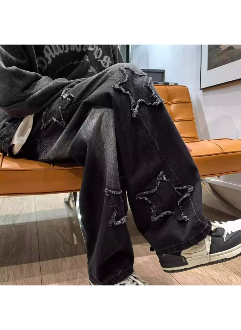 American jeans mens fashion brand spring and autumn design star wide-leg pants slim loose high street autumn straight pants Black 1042