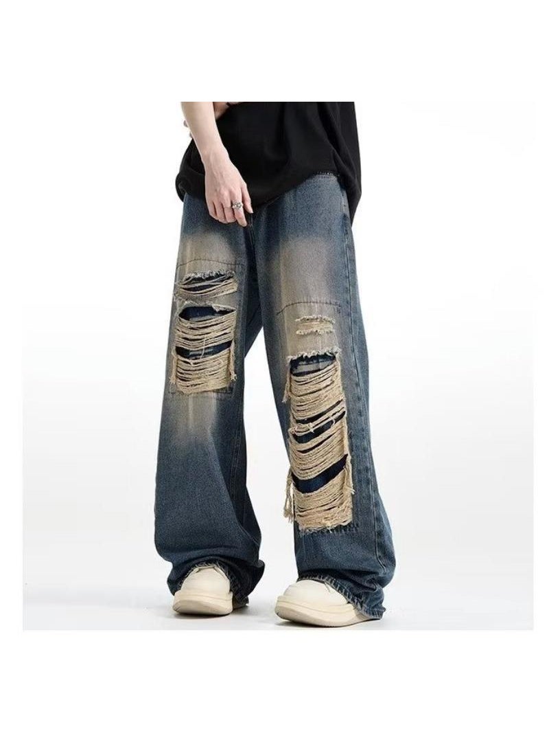 American-style retro ripped jeans mens summer washed distressed loose wide-leg straight mop fashion brand high street pants Distressed blue