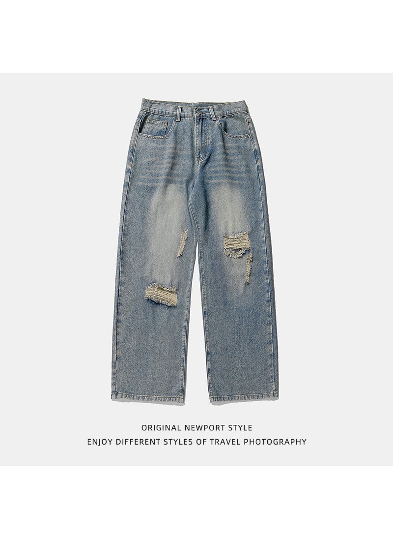 Korean-style mens vintage washed ripped distressed jeans mens loose Japanese straight fashion brand Denim trousers Blue