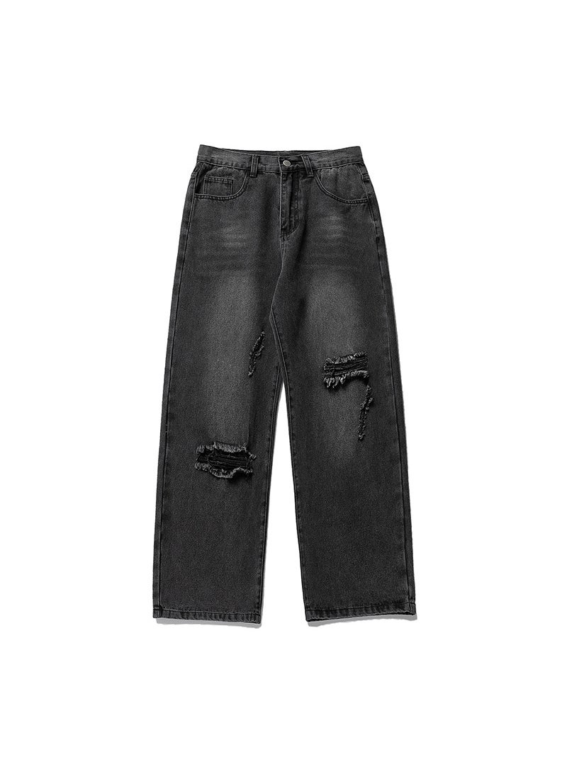 Korean-style mens vintage washed ripped distressed jeans mens loose Japanese straight fashion brand Denim trousers Blue