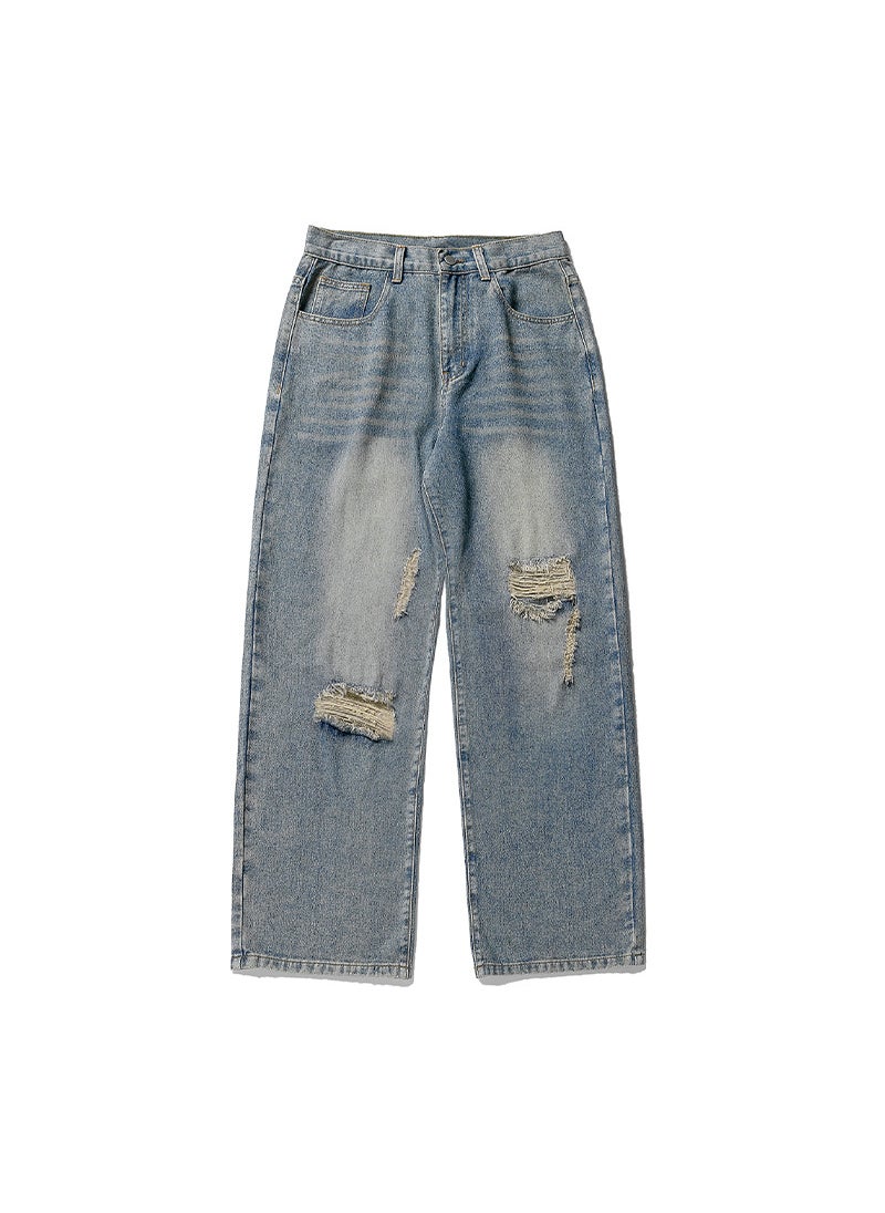 Korean-style mens vintage washed ripped distressed jeans mens loose Japanese straight fashion brand Denim trousers Blue