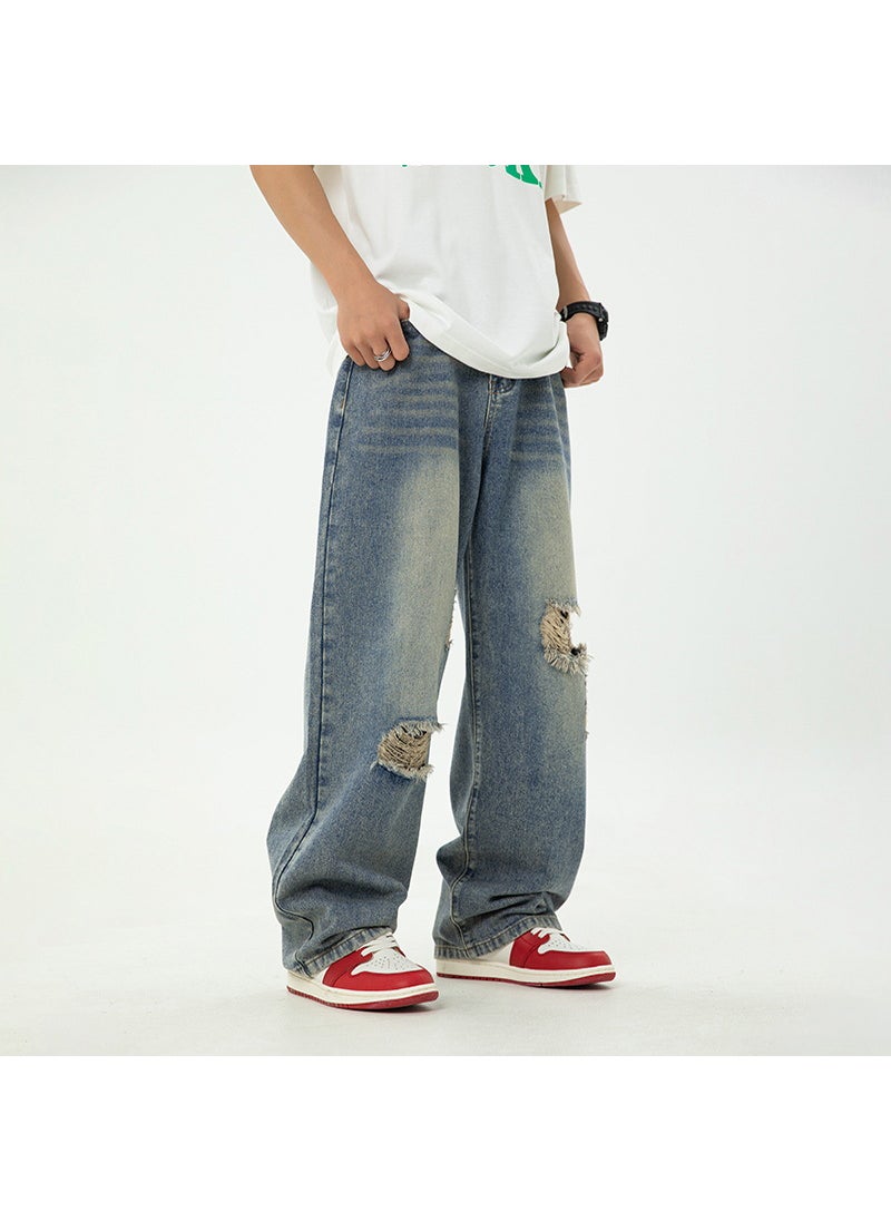 Korean-style mens vintage washed ripped distressed jeans mens loose Japanese straight fashion brand Denim trousers Blue