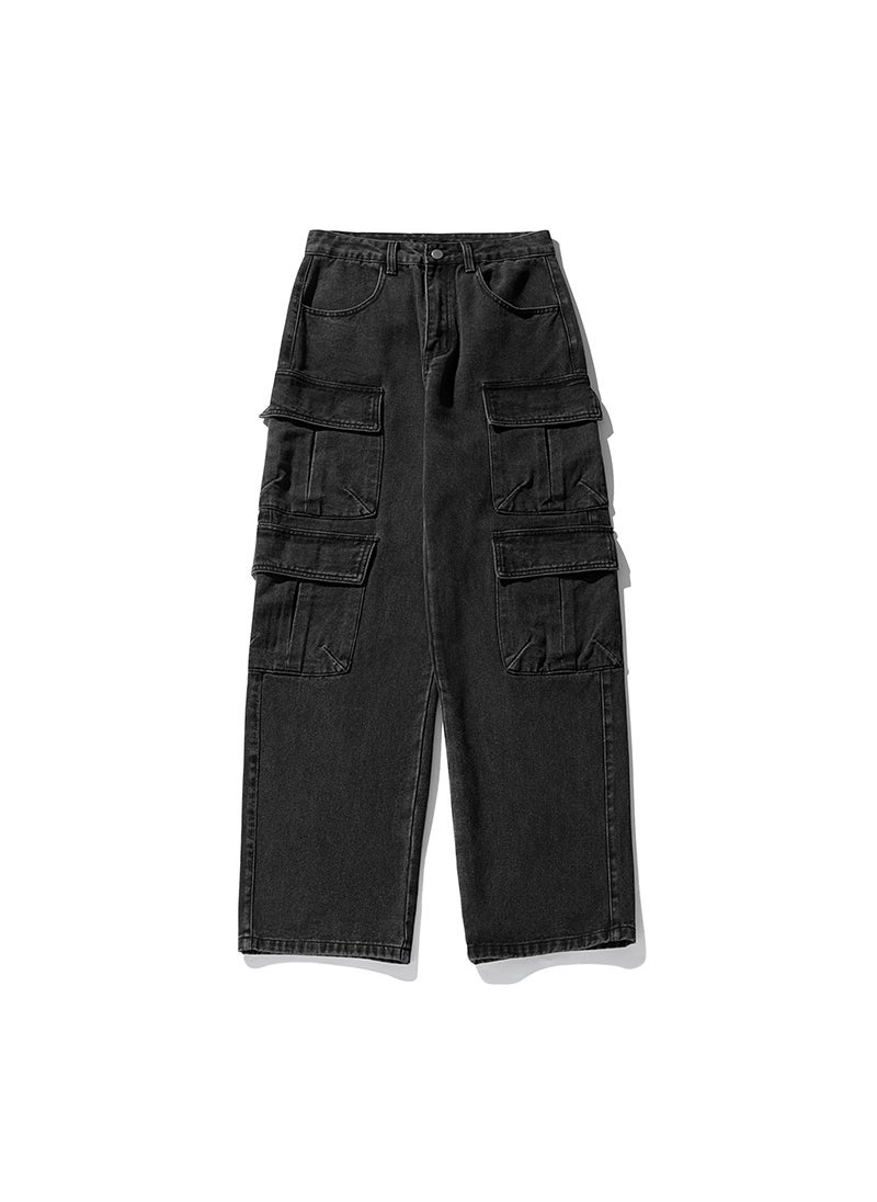 Hanlu mens American-style retro multi-pocket washed distressed jeans Mens High Street straight loose overalls Black